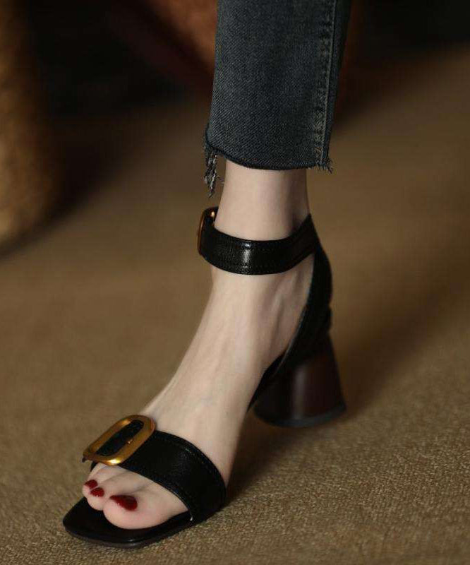 Heels High Black Sandals Splicing Toe Leather Faux Peep