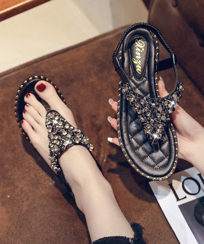 Leather Zircon Faux Black Splicing Flip Flops