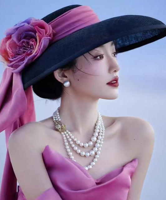 Hat Large Brim Bow With Floral French A Black