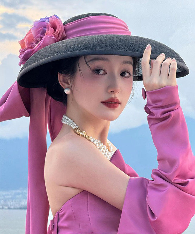 A With Brim Bow Large Floral Black Hat French