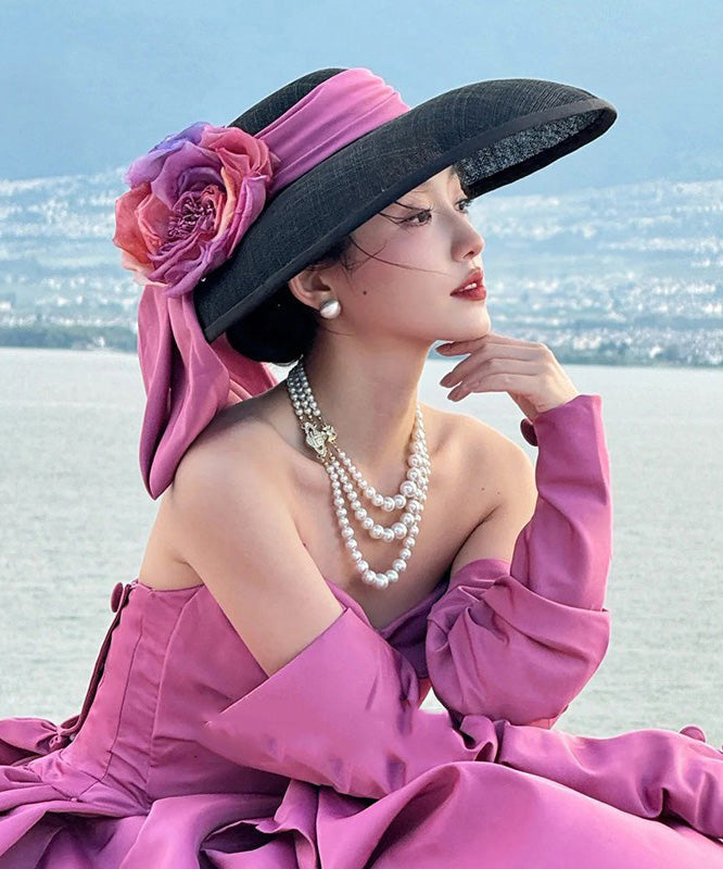 A With Brim Bow Large Floral Black Hat French