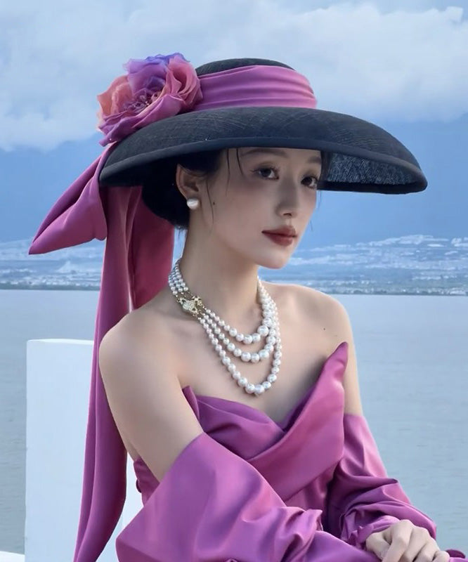 A With Brim Bow Large Floral Black Hat French