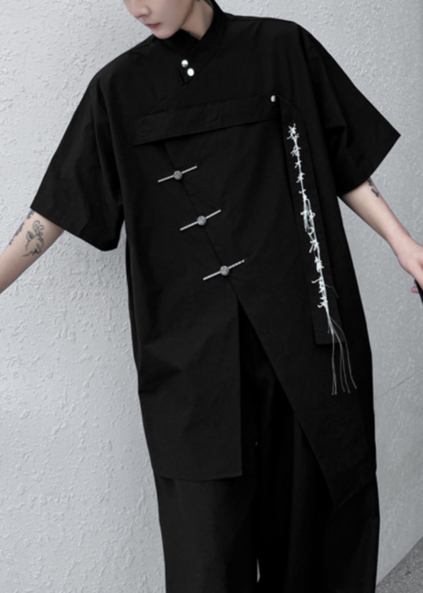 Shirt Men Cotton Black Embroideried Loose Front Open Summer