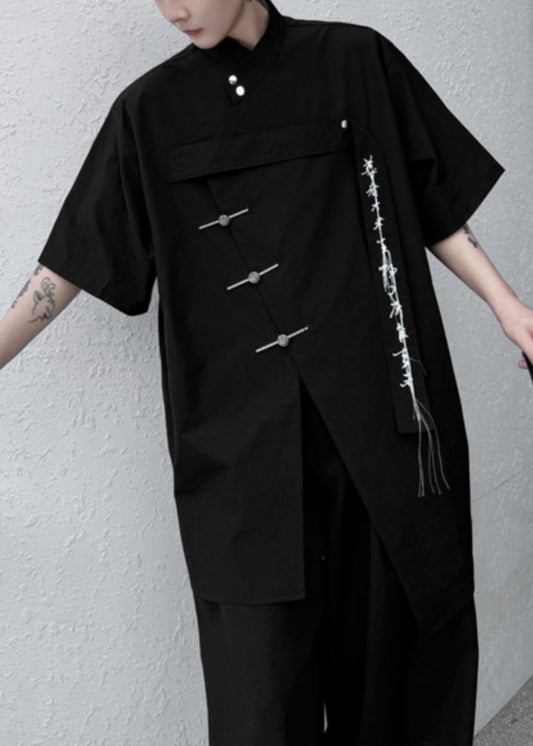 Shirt Men Cotton Black Embroideried Loose Front Open Summer