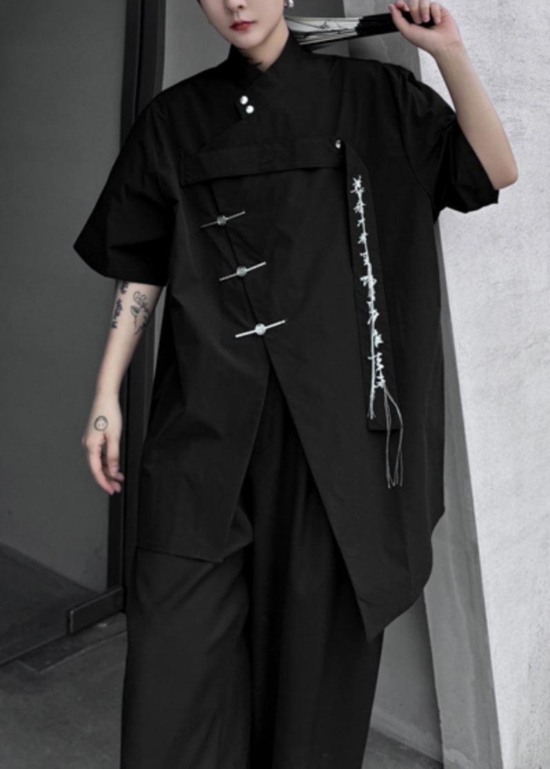 Shirt Men Cotton Black Embroideried Loose Front Open Summer