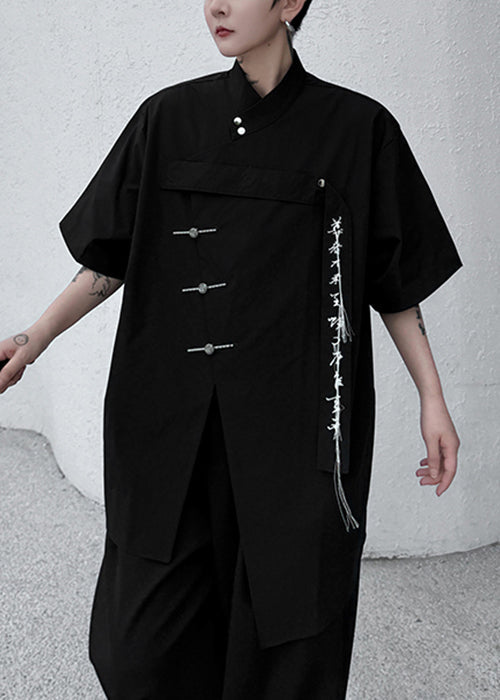 Shirt Men Cotton Black Embroideried Loose Front Open Summer