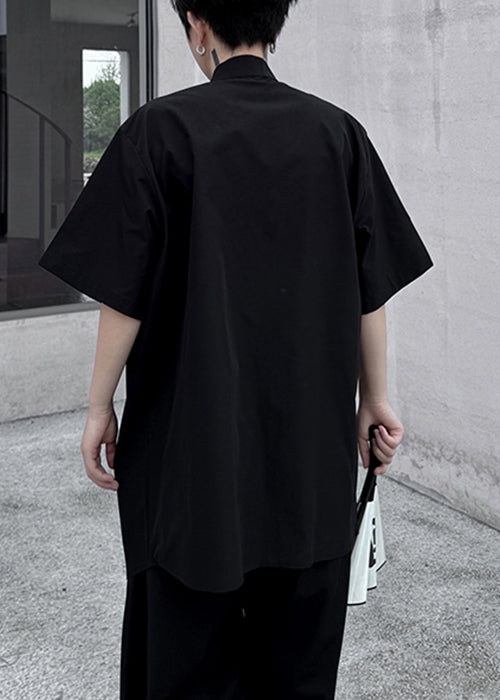 Shirt Men Cotton Black Embroideried Loose Front Open Summer