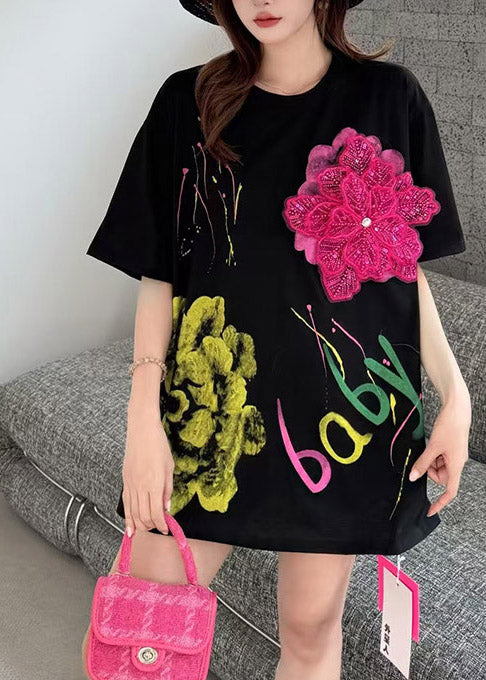 Floral Cotton Decorated Black Tanks Summer Print Graffiti