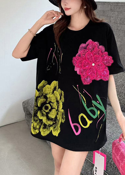 Floral Cotton Decorated Black Tanks Summer Print Graffiti