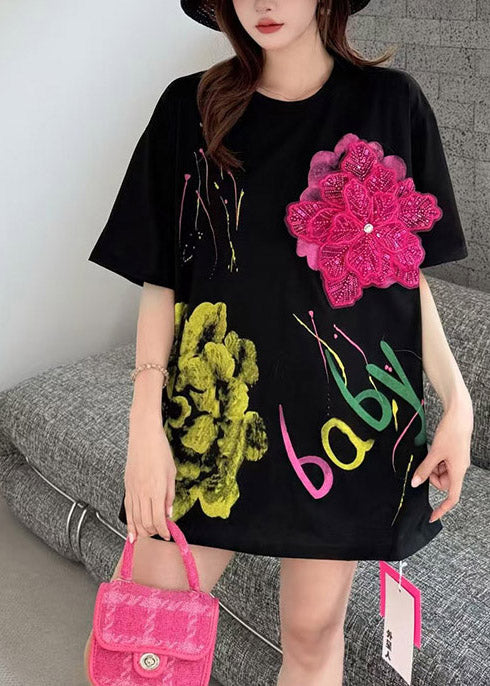 Floral Cotton Decorated Black Tanks Summer Print Graffiti