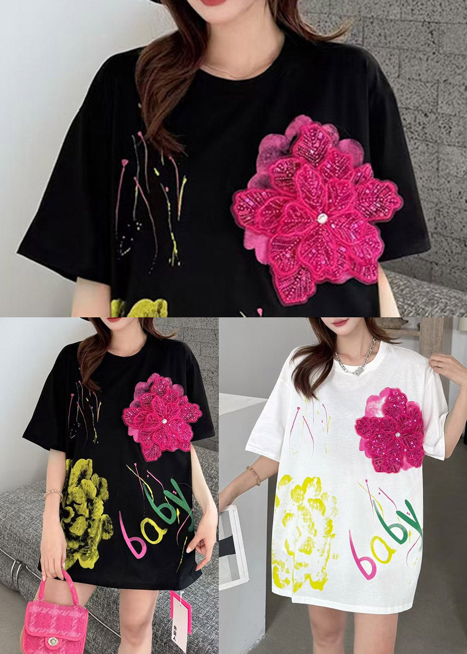 Floral Cotton Decorated Black Tanks Summer Print Graffiti