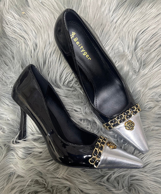 Linked Chic Black Sheepskin Heels High Stiletto Sequined Splicing