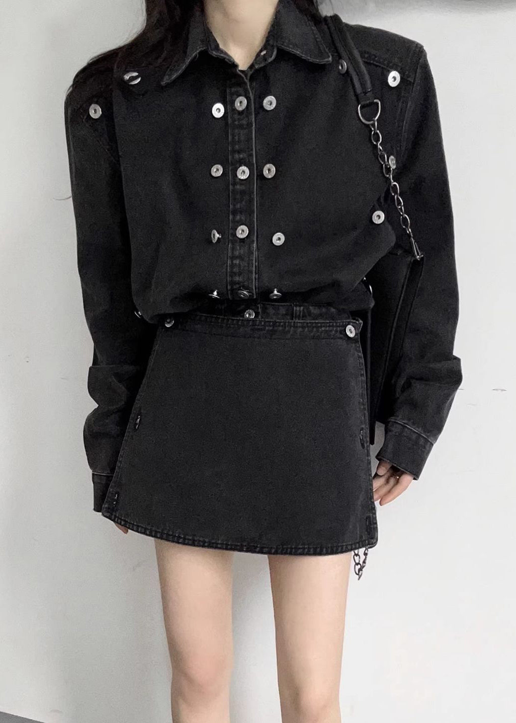 Black High Waist Two Piece Set Peter Pan Collar Long Sleeve SS028