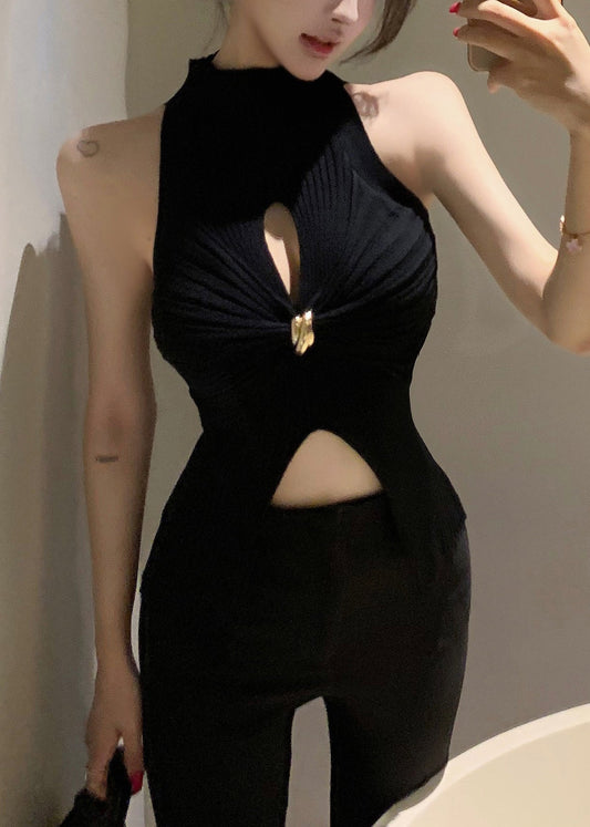 Sleeveless Knit Out Black Tank Turtleneck Hollow