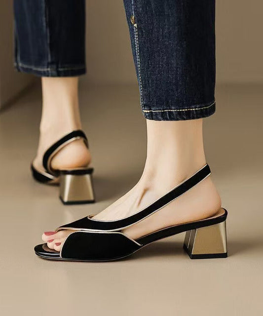 Out Suede Sandals Chunky Toe Hollow Splicing Peep Black