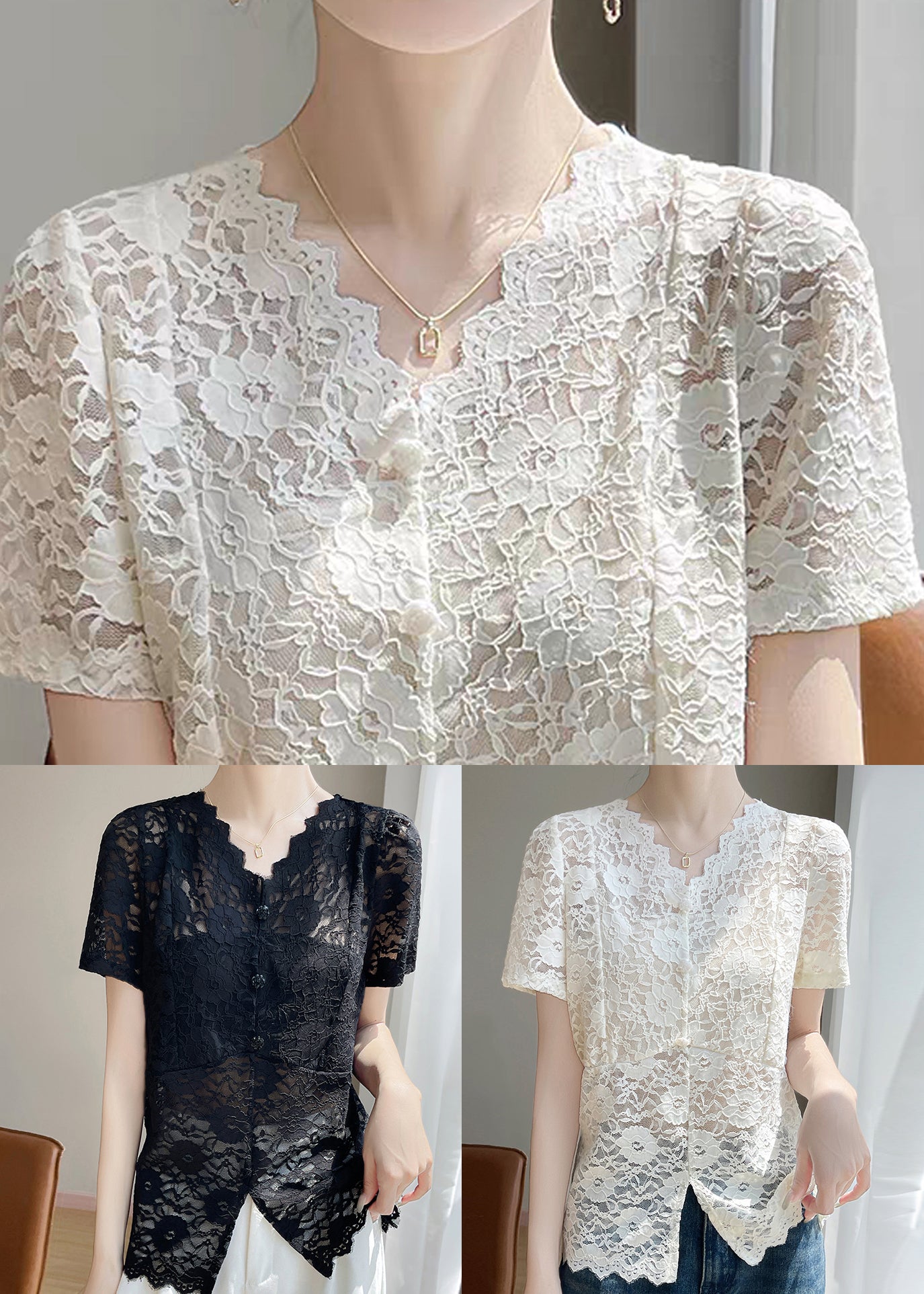 V Lace Hollow Neck Out Black Solid Summer Shirt