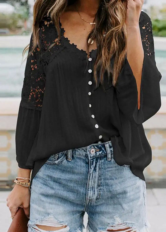 Solid Black Neck Tops V Fall Hollow Out