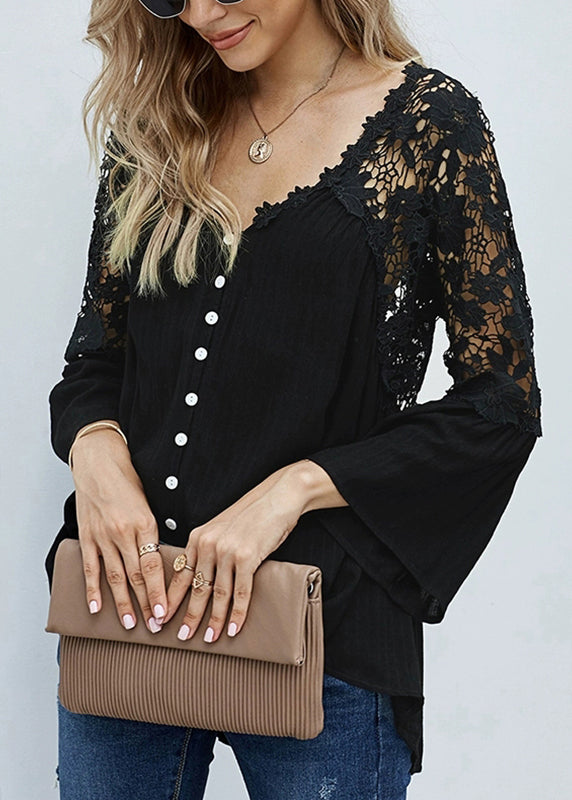 Solid Black Neck Tops V Fall Hollow Out
