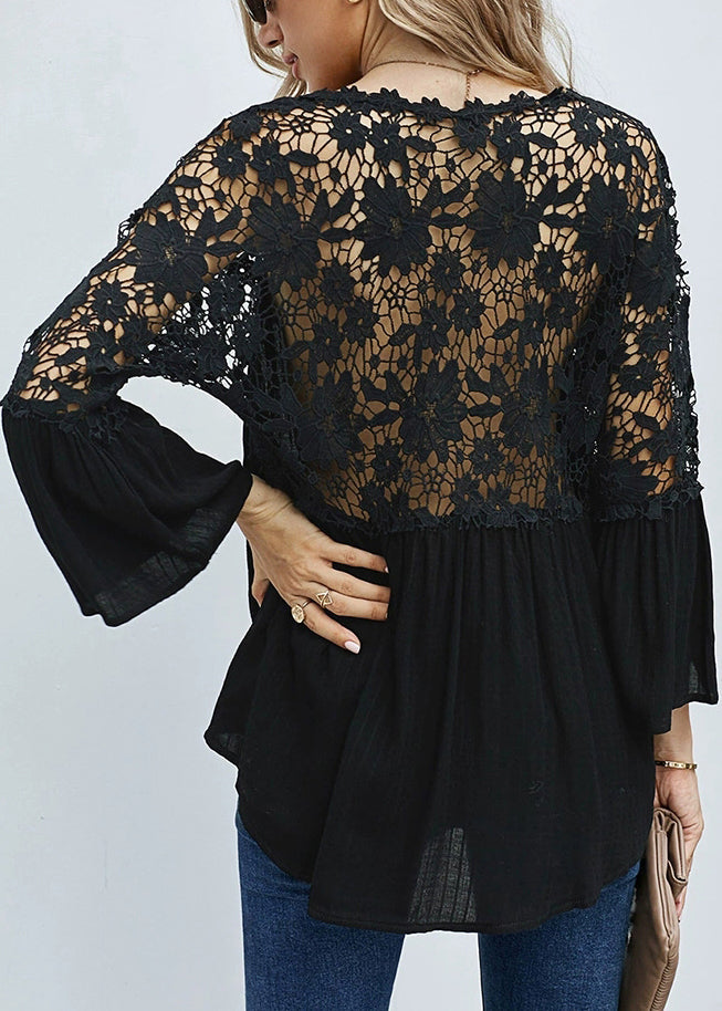 Solid Black Neck Tops V Fall Hollow Out