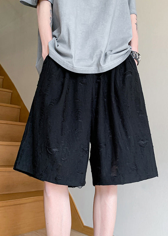 Summer Lace Up Elastic Men Hole Black Waist Shorts Cotton