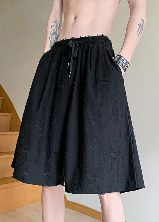 Summer Lace Up Elastic Men Hole Black Waist Shorts Cotton