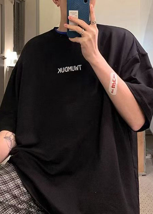 Sleeve Black Letter Men Shirts Neck T Short Cotton O Loose