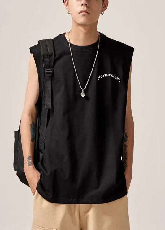 Tank Print Men Sleeveles Cotton O Letter Neck Black