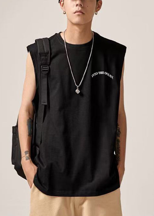 Tank Print Men Sleeveles Cotton O Letter Neck Black