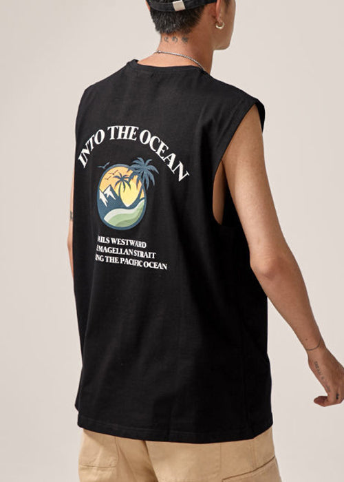 Tank Print Men Sleeveles Cotton O Letter Neck Black