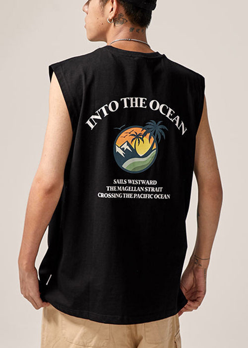 Tank Print Men Sleeveles Cotton O Letter Neck Black