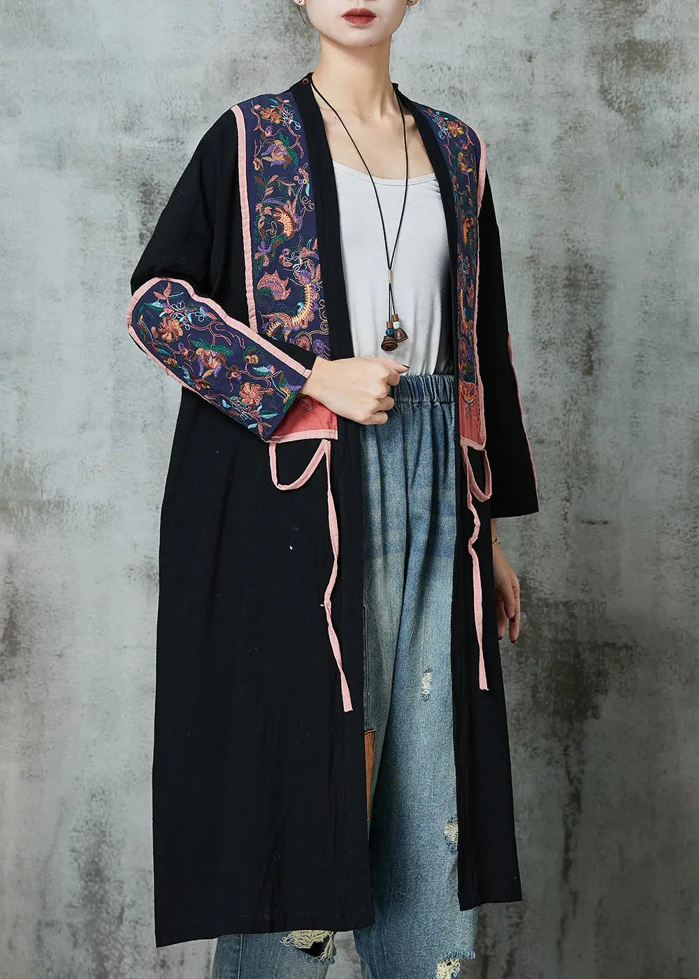 Black Linen Cardigans Embroidered Lace Up Spring Ada Fashion