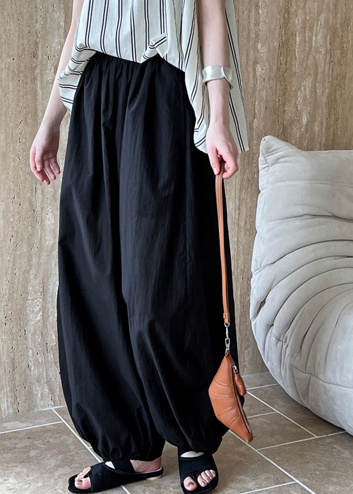 Lantern Loose Black Cotton Waist Elastic Pants Summer