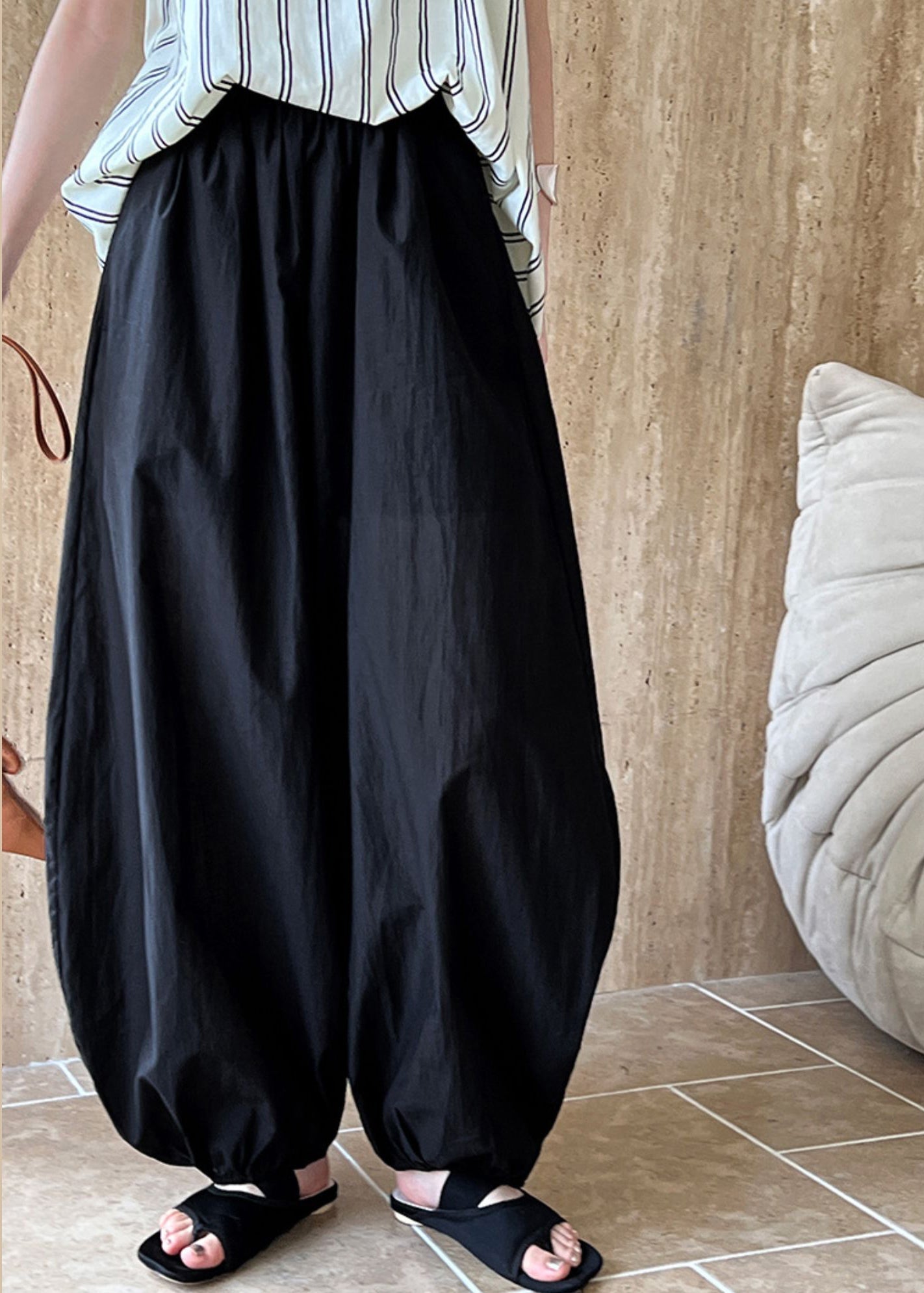 Lantern Loose Black Cotton Waist Elastic Pants Summer