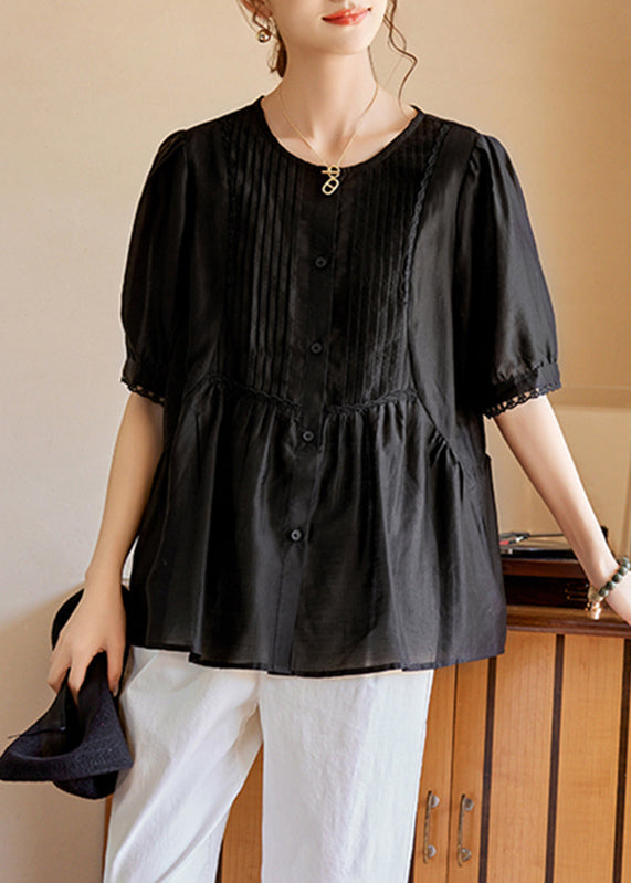 Black O-Neck Ruffled Wrinkled Silk Tops Short Sleeve WW049