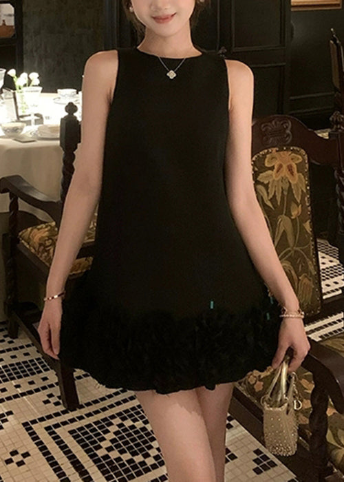 Cotton Solid O Neck Original Summer Design Mini Black Dresses