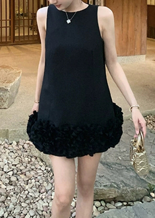 Cotton Solid O Neck Original Summer Design Mini Black Dresses