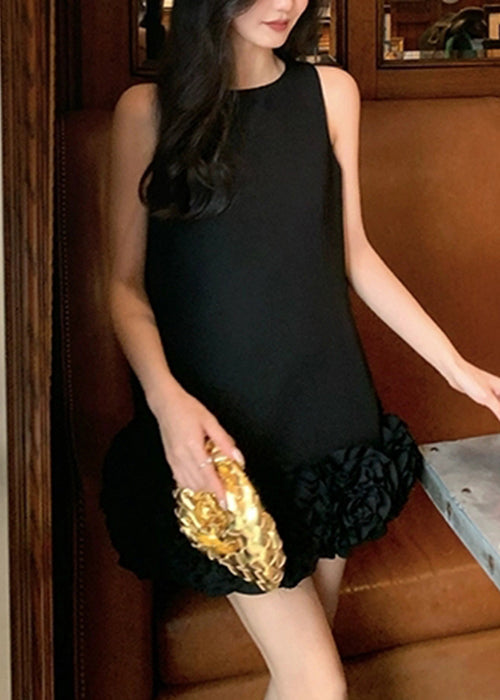 Cotton Solid O Neck Original Summer Design Mini Black Dresses