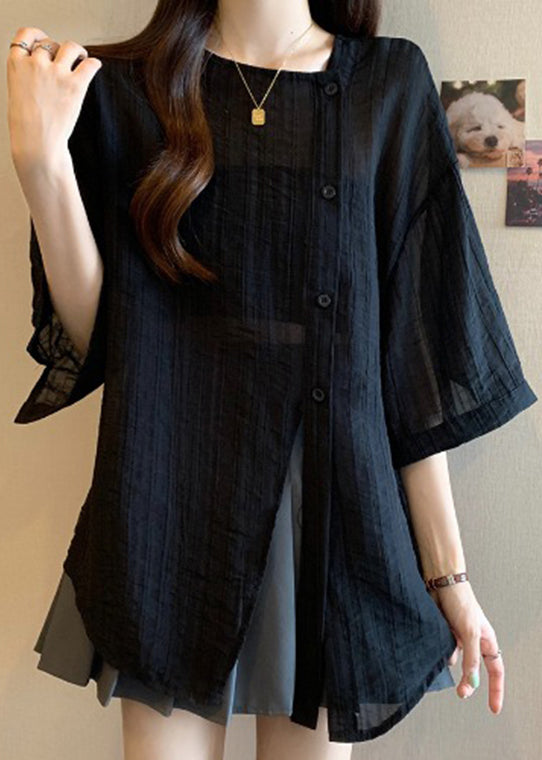 Spring Shirts Black Patchwork Asymmetrical Chiffon