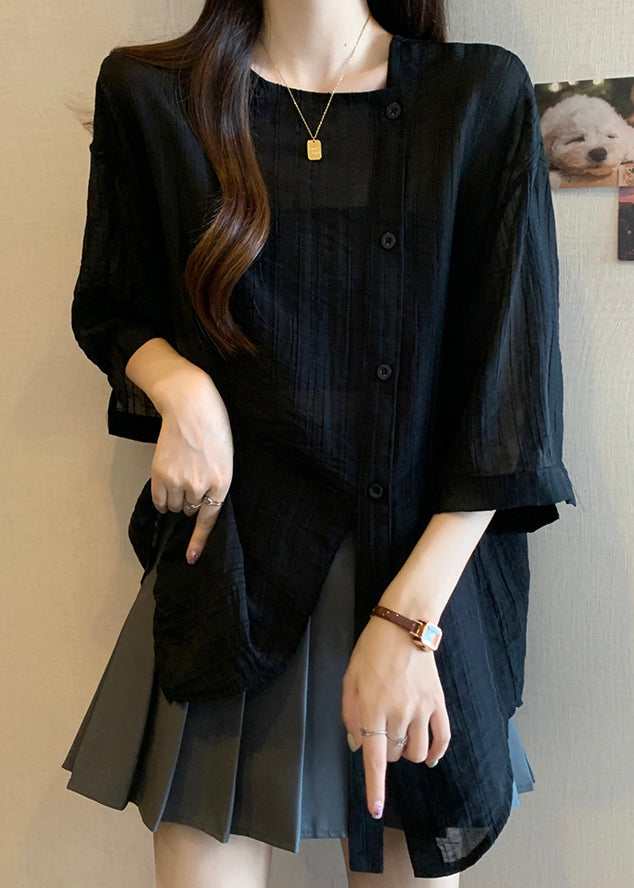Spring Shirts Black Patchwork Asymmetrical Chiffon