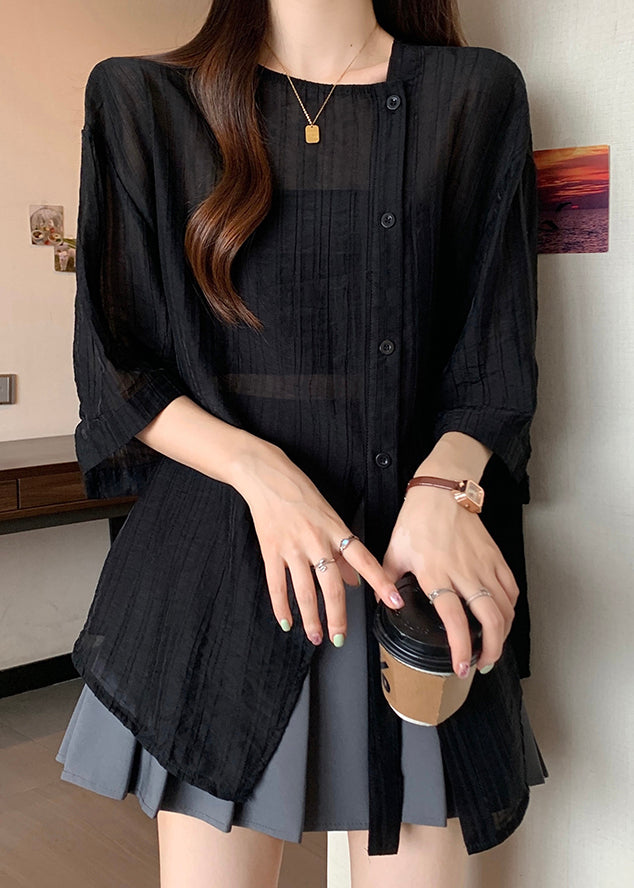 Spring Shirts Black Patchwork Asymmetrical Chiffon
