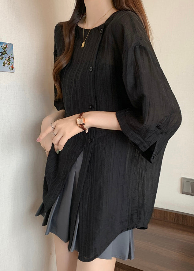 Spring Shirts Black Patchwork Asymmetrical Chiffon