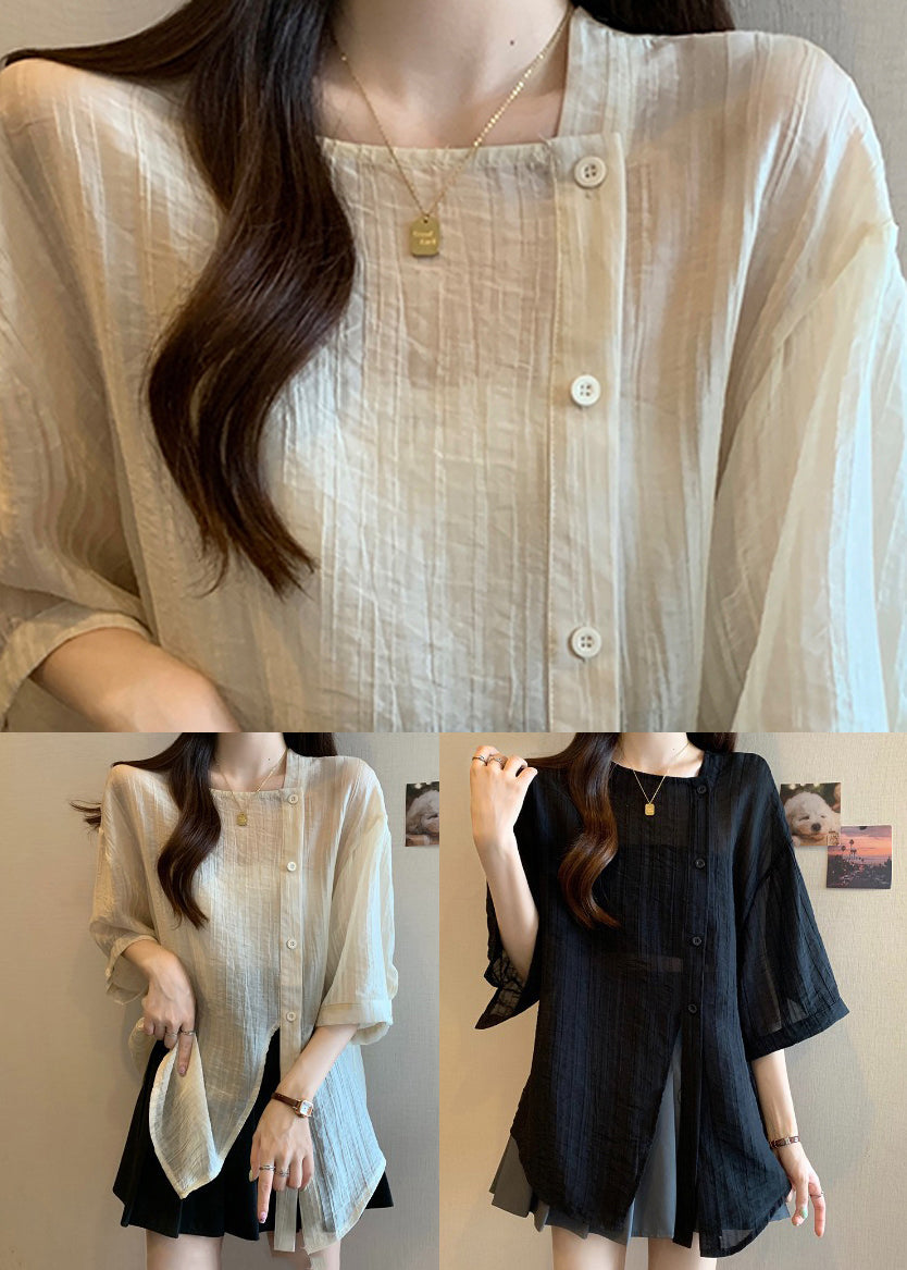 Spring Shirts Black Patchwork Asymmetrical Chiffon