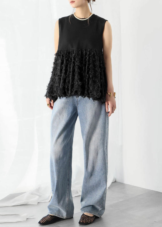 Line Black Cotton Sleeveless Tops A Patchwork Tasseled