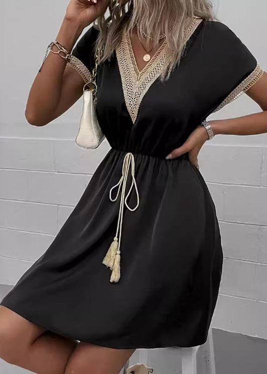 Neck Lace Tie Dress Black V Summer Waist Patchwork
