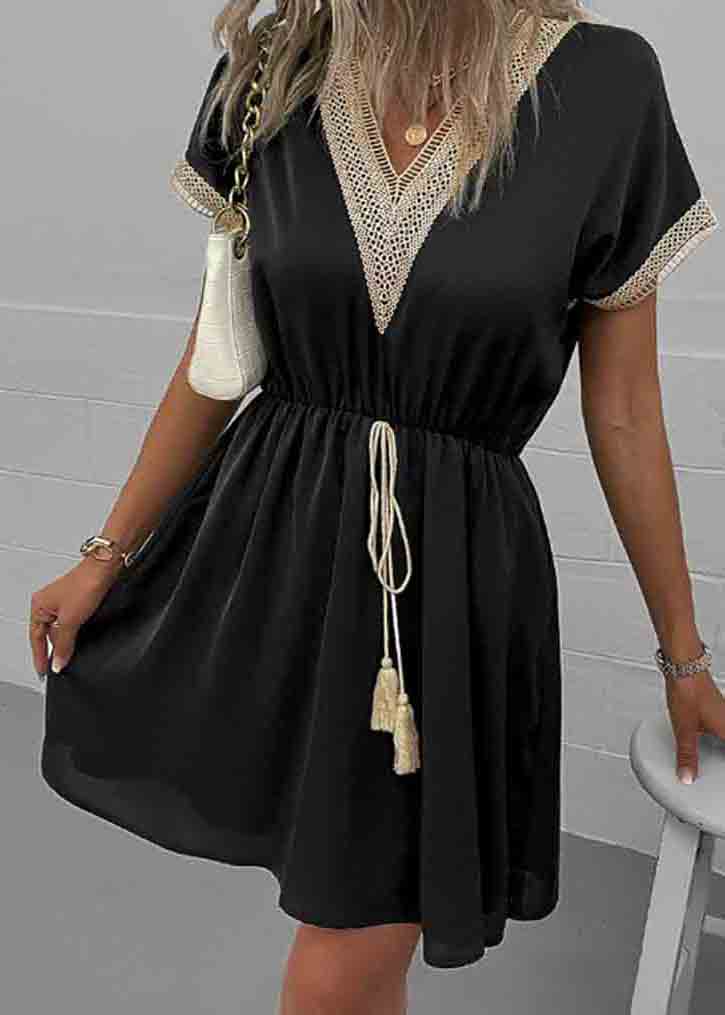 Neck Lace Tie Dress Black V Summer Waist Patchwork