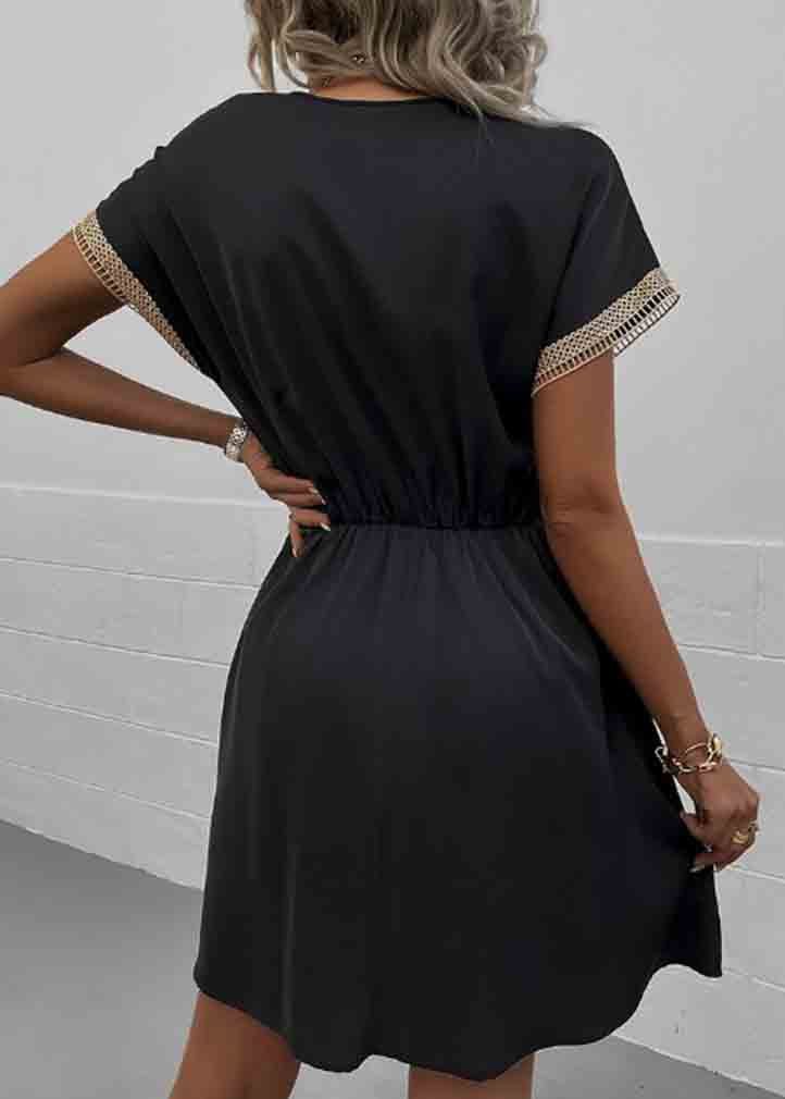 Neck Lace Tie Dress Black V Summer Waist Patchwork