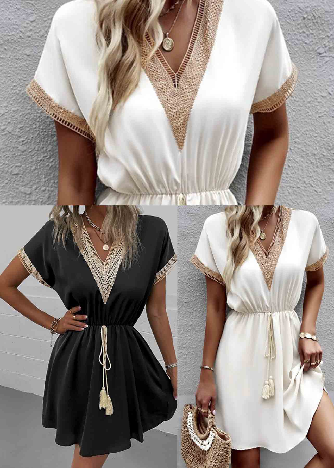 Neck Lace Tie Dress Black V Summer Waist Patchwork