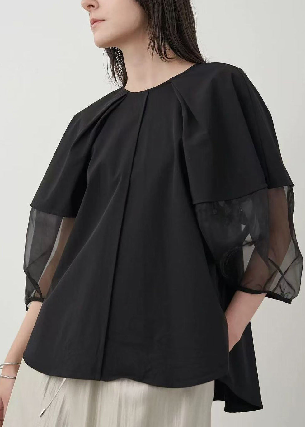 Black Sleeve Oversized Shirt Patchwork Organza Puff