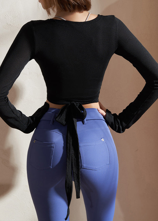 Patchwork Tie Solid Black Yoga Waist Shirts