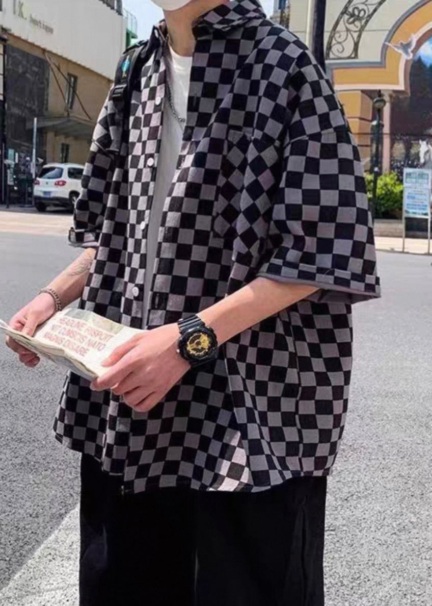 Peter Button Shirts Sleeve Men Collar Half Cotton Pan Plaid Black